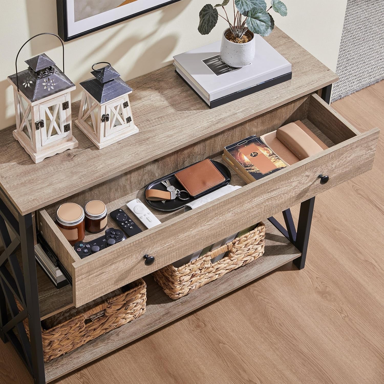 Stylish Gray Console Table with Drawer & 3-Tier Storage - Perfect for Entryway, Living Room, Hallway, and Kitchen