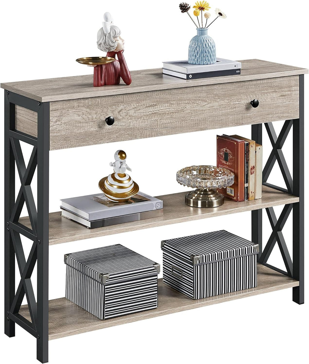 Stylish Gray Console Table with Drawer & 3-Tier Storage - Perfect for Entryway, Living Room, Hallway, and Kitchen