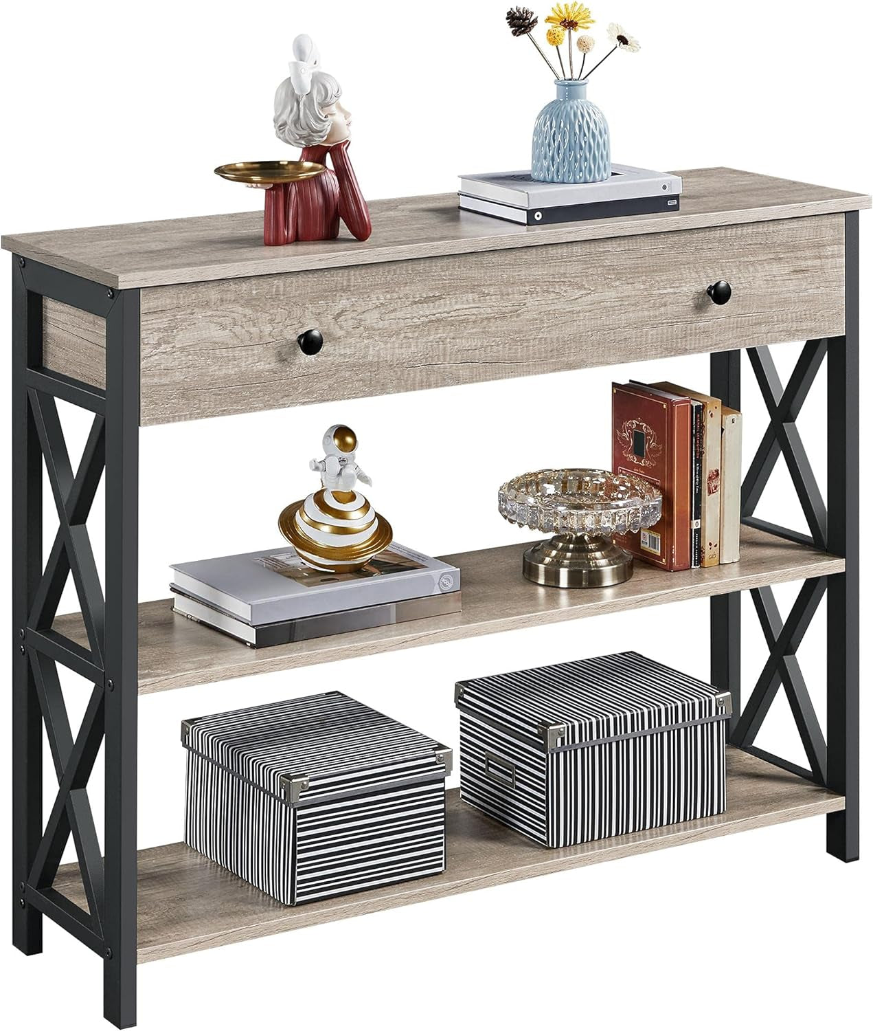 Stylish Gray Console Table with Drawer & 3-Tier Storage - Perfect for Entryway, Living Room, Hallway, and Kitchen