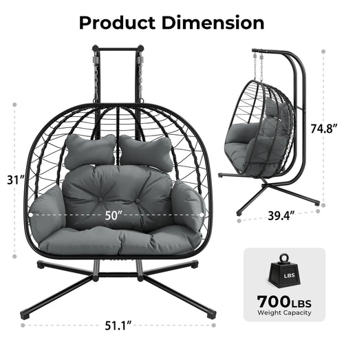 Double Egg Chair with Stand - Outdoor Indoor Hanging Swing Chair with Cushions, Wicker Rattan, 700 lbs Capacity, Waterproof and Sunproof for Balcony, Garden, and Porch - Ideal Christmas Gift