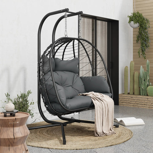 Double Egg Chair with Stand - Outdoor Indoor Hanging Swing Chair with Cushions, Wicker Rattan, 700 lbs Capacity, Waterproof and Sunproof for Balcony, Garden, and Porch - Ideal Christmas Gift