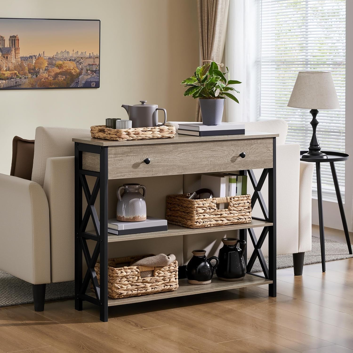 Stylish Gray Console Table with Drawer & 3-Tier Storage - Perfect for Entryway, Living Room, Hallway, and Kitchen