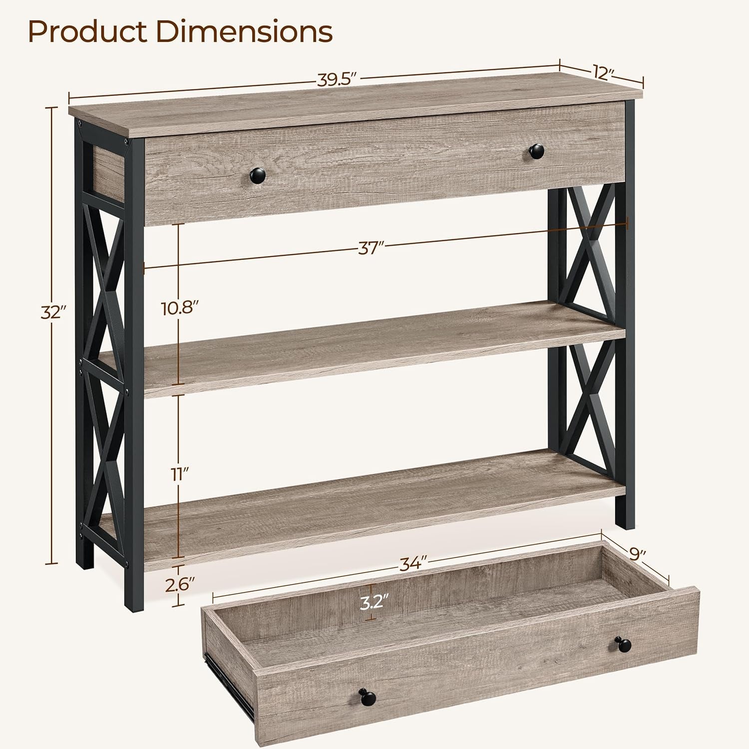 Stylish Gray Console Table with Drawer & 3-Tier Storage - Perfect for Entryway, Living Room, Hallway, and Kitchen