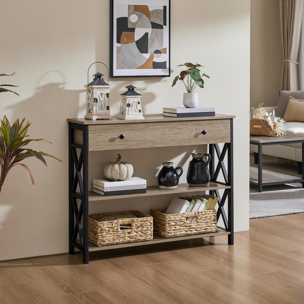 Stylish Gray Console Table with Drawer & 3-Tier Storage - Perfect for Entryway, Living Room, Hallway, and Kitchen