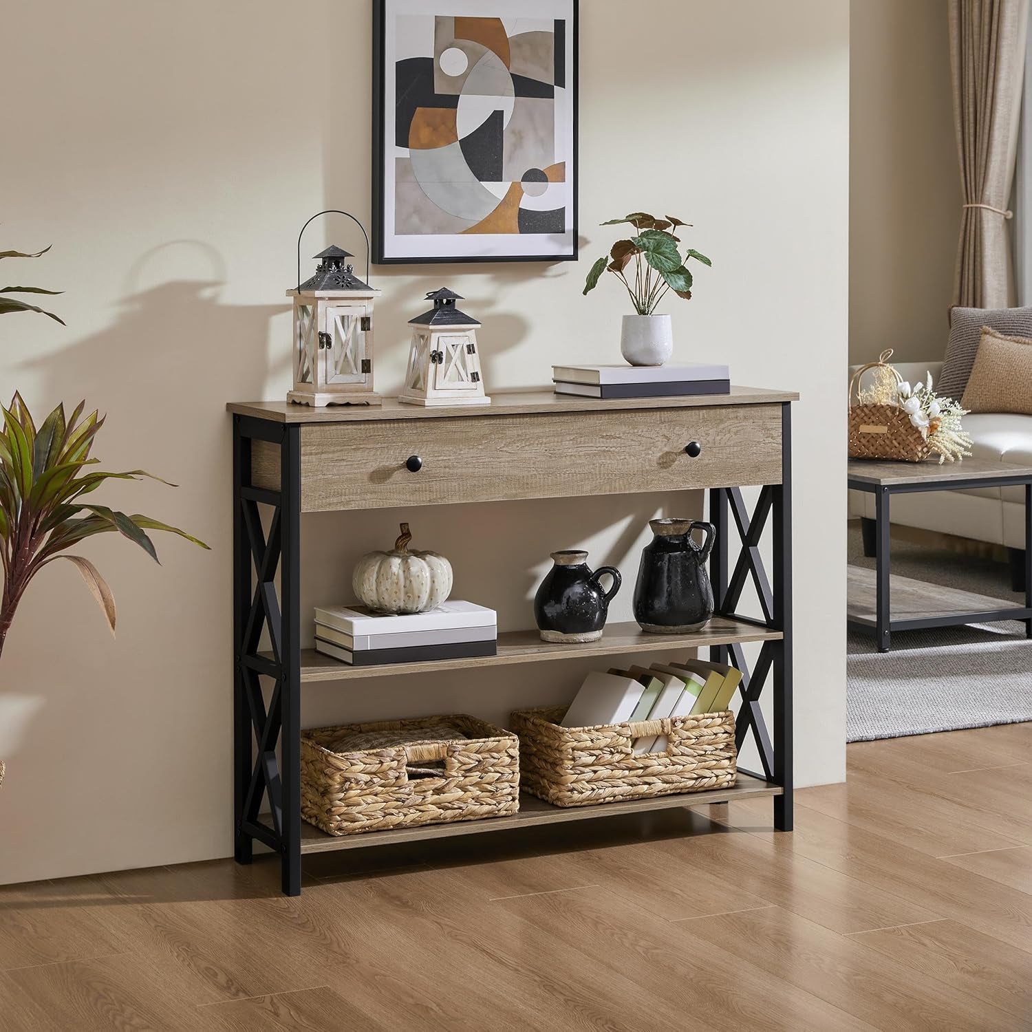 Stylish Gray Console Table with Drawer & 3-Tier Storage - Perfect for Entryway, Living Room, Hallway, and Kitchen