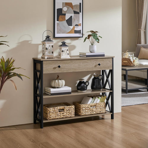 Stylish Gray Console Table with Drawer & 3-Tier Storage - Perfect for Entryway, Living Room, Hallway, and Kitchen