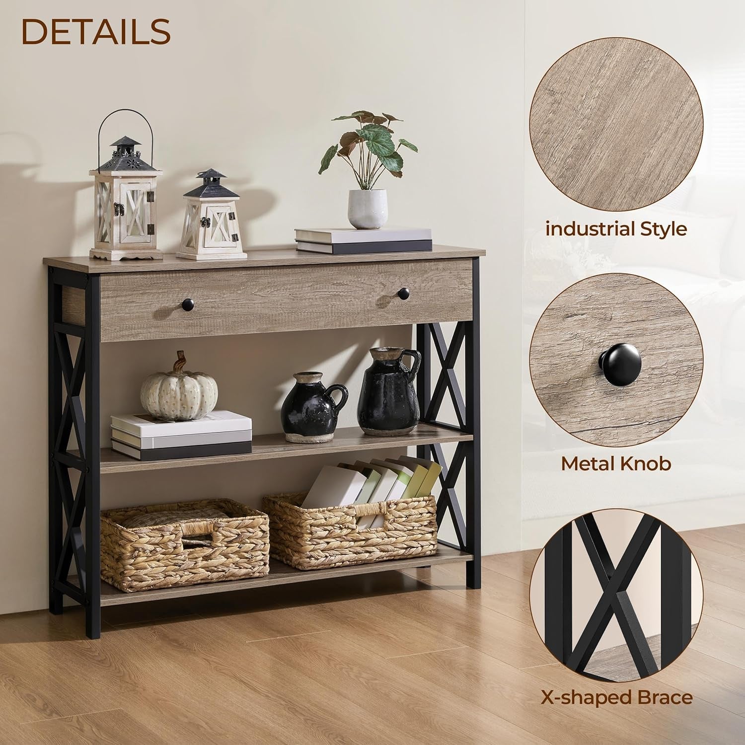 Stylish Gray Console Table with Drawer & 3-Tier Storage - Perfect for Entryway, Living Room, Hallway, and Kitchen